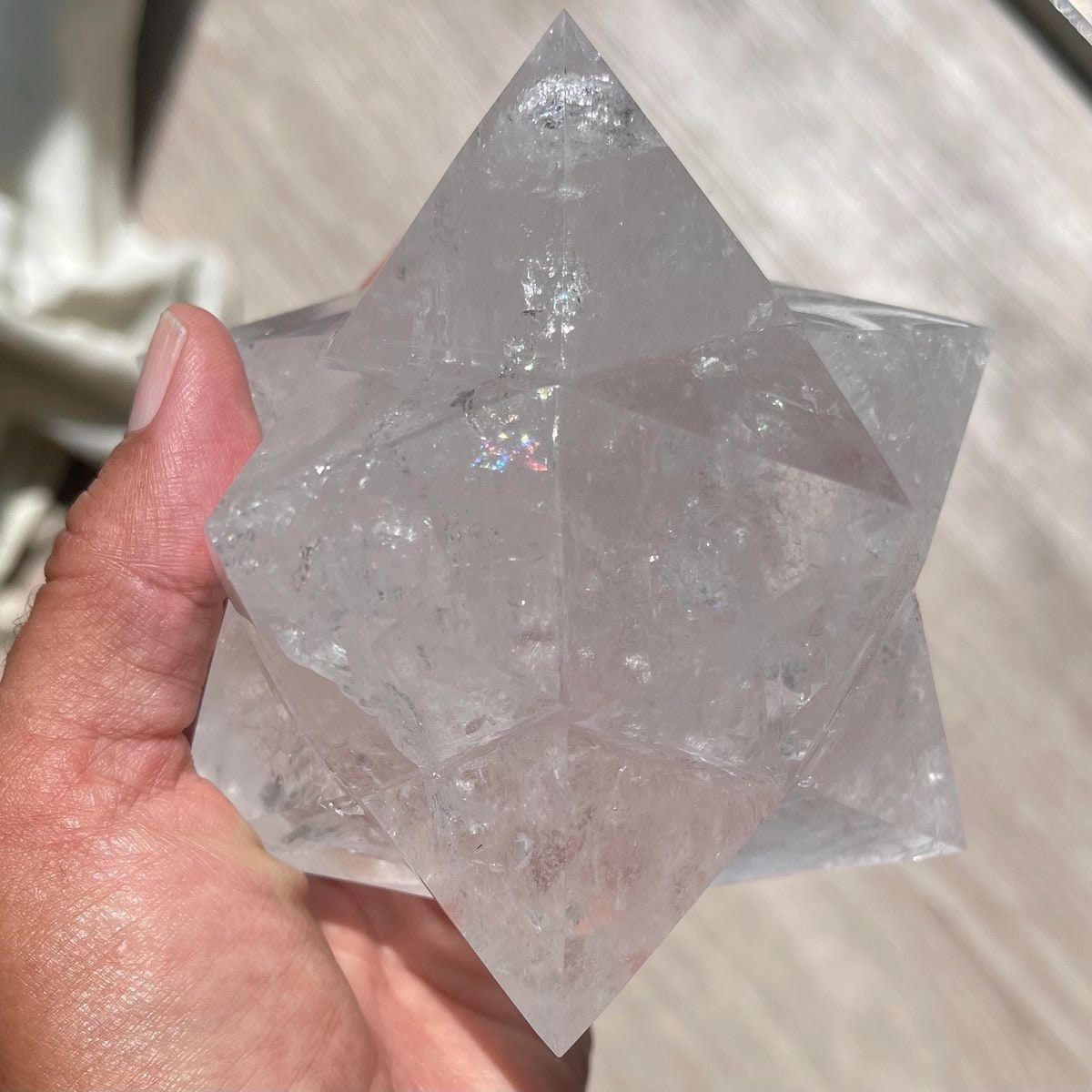 Hand Carved Quartz Merkaba Star: Sacred Geometry Crystal, 4"