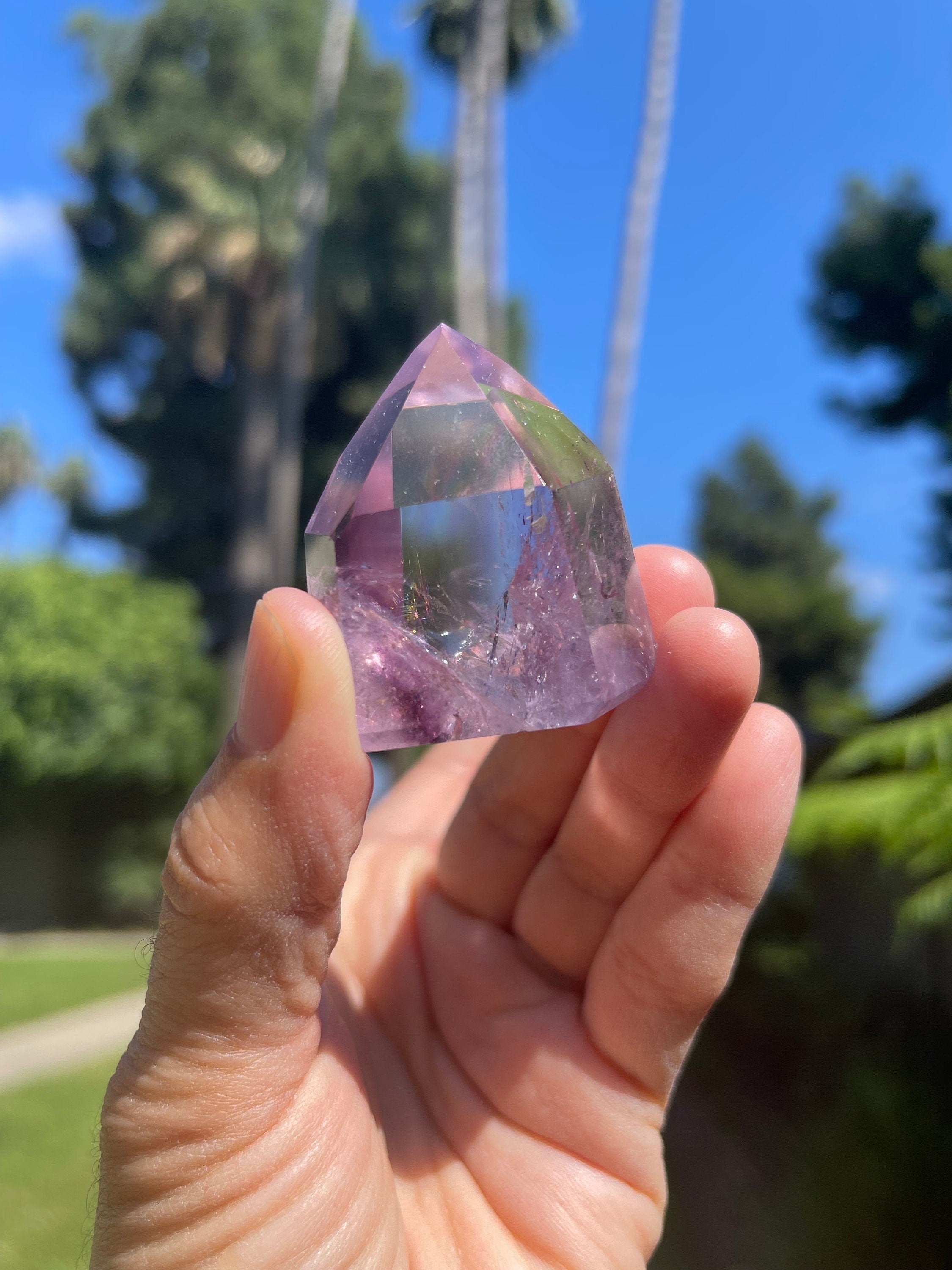 AAA Grade Amethyst Point: Polished Purple Crystal with Rainbow Inclusions