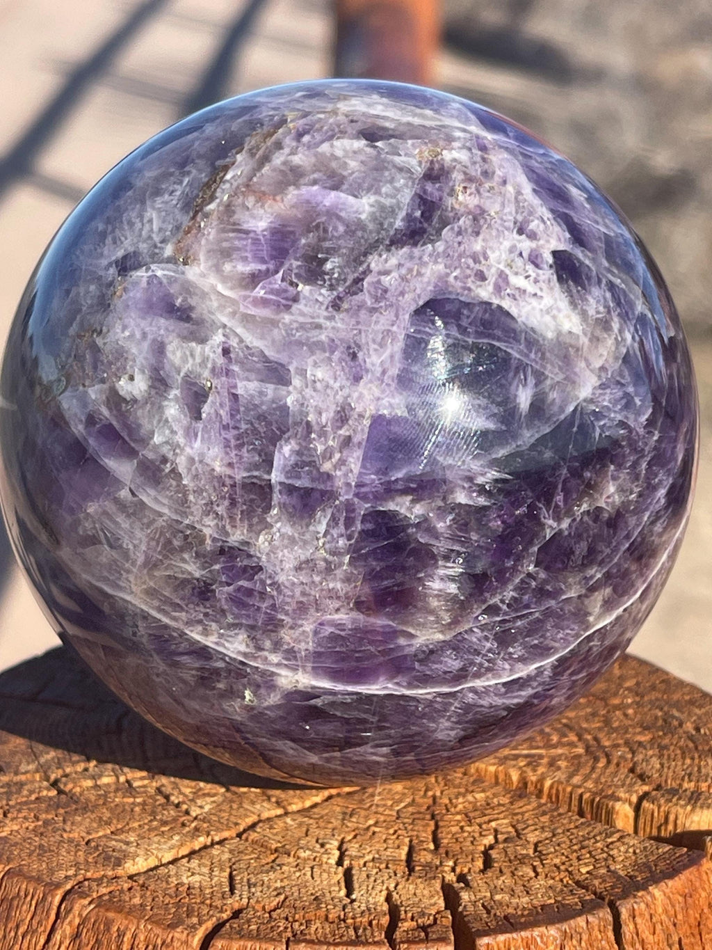 Large Chevron Amethyst Sphere: Reiki Healing Crystal Ball with Stand