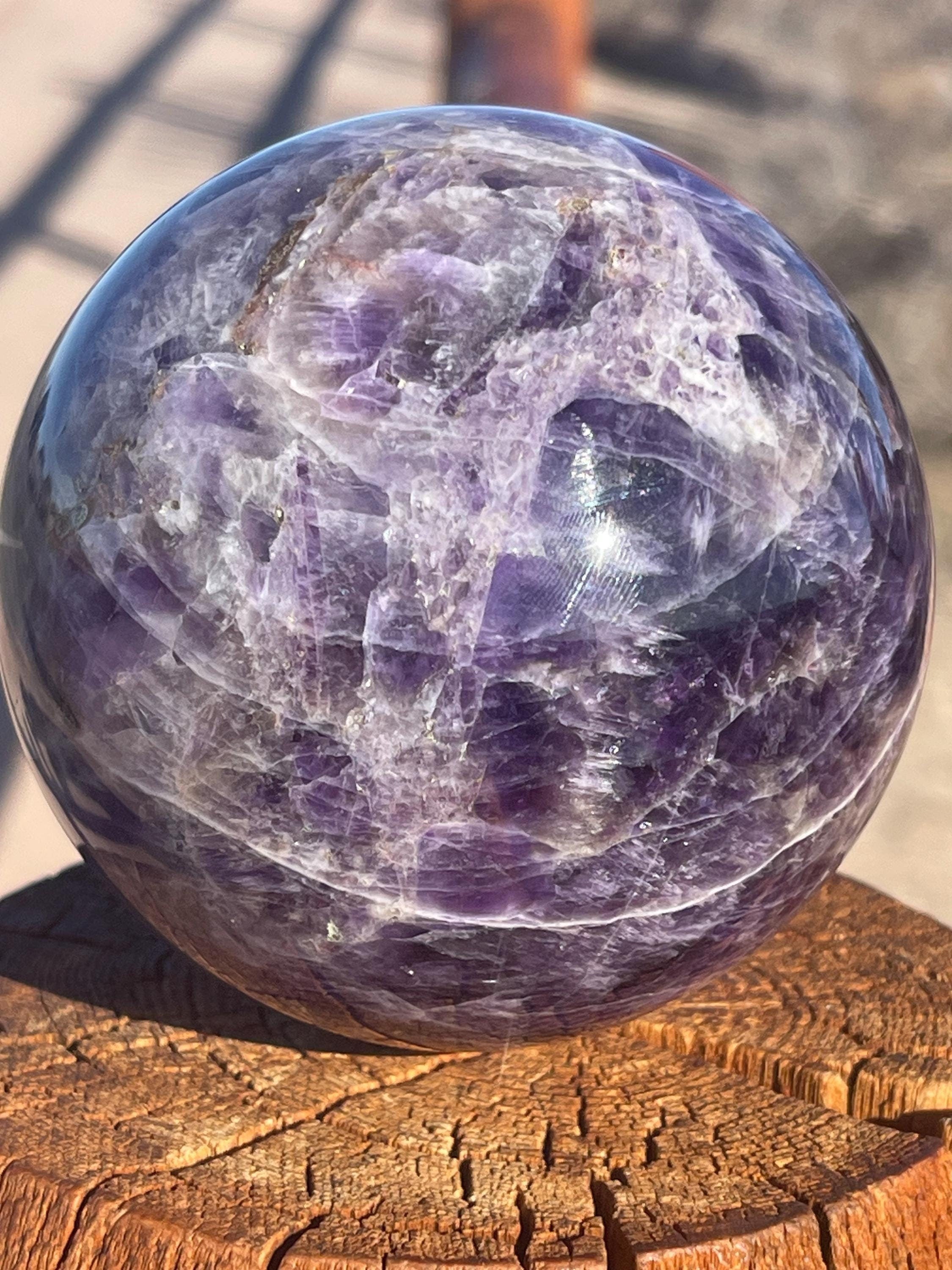 Large Chevron Amethyst Sphere: Reiki Healing Crystal Ball with Stand