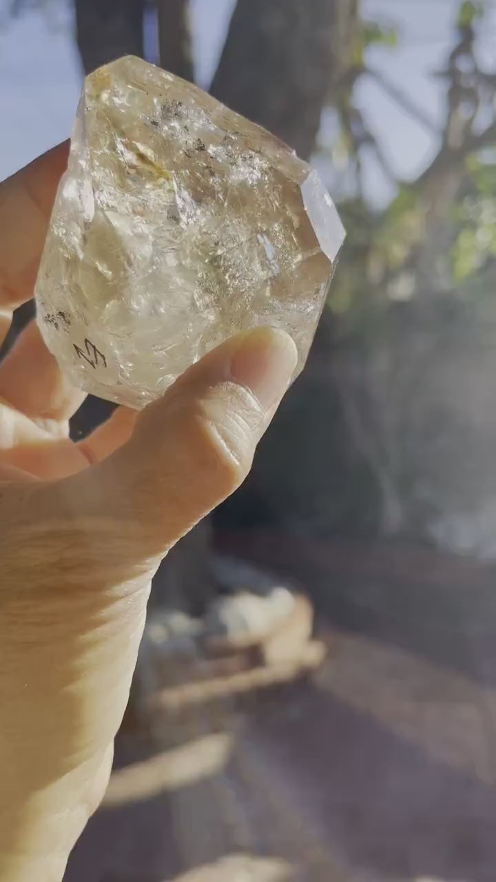 Double Terminated Tibetan Enhydro Quartz Point: Moving Carbon & Rainbow Inclusions